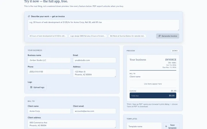 Shipping invoice creation from prompt to product: application screenshot